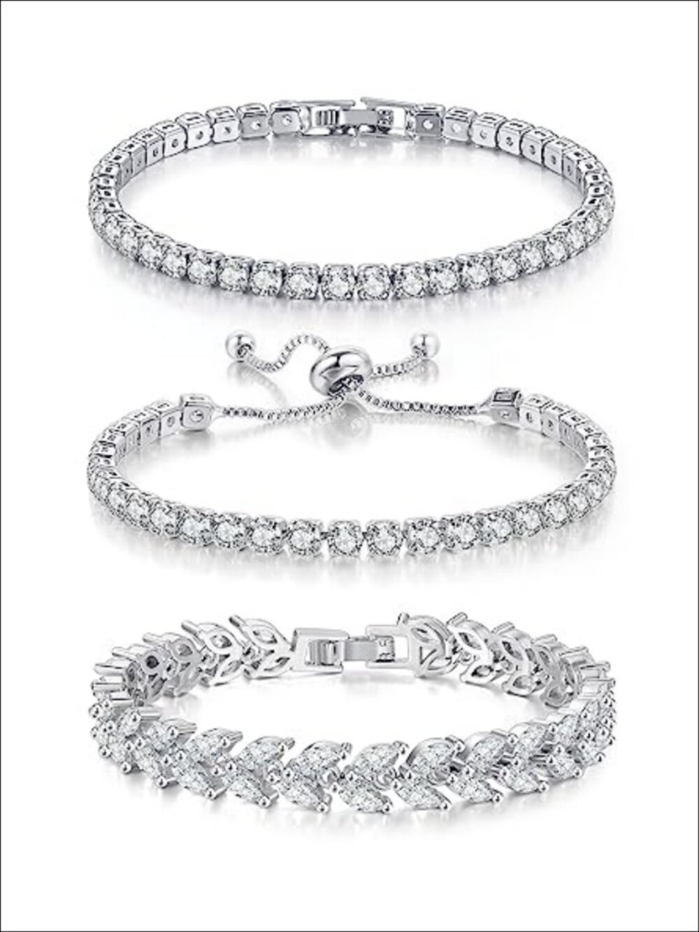 Tennis Bracelet Set 3 Pcs Cubic Zirconia Adjustable Chain Bracelets